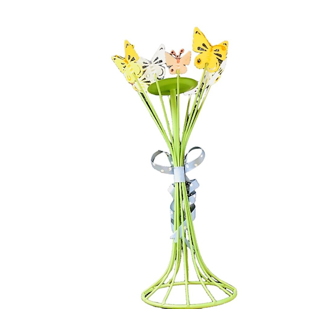 Tall Metal Pillar Candle Holder - Metal Butterflies, Bow, Green, Yellow, Pink